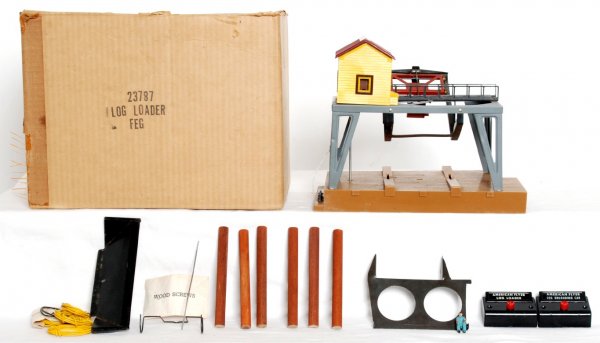 American Flyer S gauge 23787 log loader in OB: American Flyer postwar S gauge 23787 log loader in original box, shack has a glue repaired gable end and roof has a hairline. loader may or may not be missing parts. One box flap is missing a piece. P