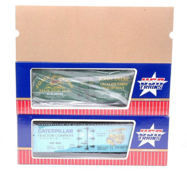 USA Trains John Deere 28765 R-16182 MINT OB: USA Trains G scale John Deere boxcar numbered 28765 in OB with outer sleeve and R-16182 Caterpillar Tractor Co. refrigerator car in OB. Both are C10.