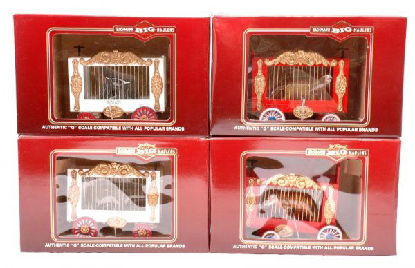 Bachmann Circus 92701 92702 92703 92704 MINT OB: Bachmann Big Haulers G scale four circus cage wagon cars; 92701 lion, 92702 tiger, 92703 bear and 92704 gorilla in OBs, C10.