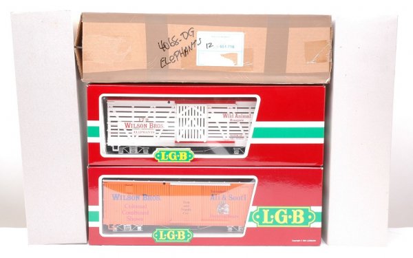 LGB Wilson Circus 4067DG two 4068 DG MINT OB: LGB G scale Wilson Bros. Circus cars including; 4067DG Tent and Supply boxcar and two 4068DG Elephant stock cars in OBs with outer sleeve, C10.