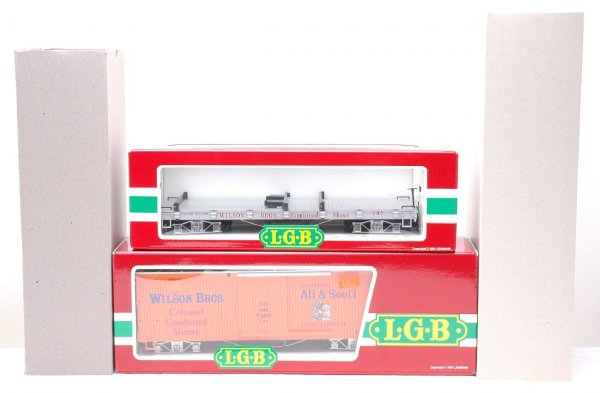 LGB Wilson Bros. Circus 4067-DG 4360-DG MINT OBs: LGB G scale Wilson Bros. Circus 4067-DG Tent & Supply boxcar and 4360-DG flatcar in OBs with outer sleeve, C10.