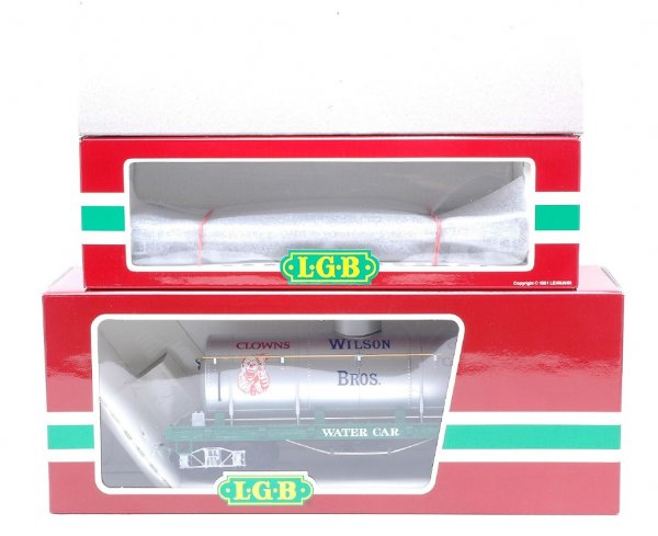 LGB Wilson Bros. Circus 4080-DG 4360-DG MINT OB: LGB G scale Wilson Bros. Circus 4080-DG water tank car and 4360-DG flatcar in OBs, one with outer sleeve, C10.