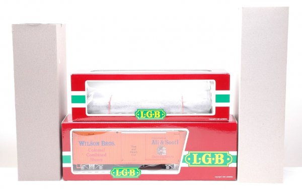 LGB Wilson Bros. Circus 4067-DG 4360-DG MINT OB: LGB G scale Wilson Bros. Circus 4067-DG Tent & Supply boxcar and 4360-DG flatcar in OBs with outer sleeves, C10.