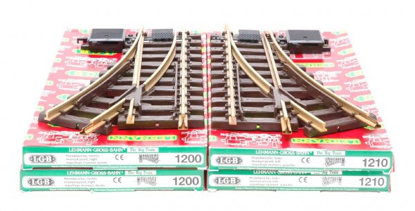 LGB two 1200 1210 Right Left Switches MINT OBs: LGB G scale two pairs of 1200 right and 1210 left manual switches in OBs, C10.