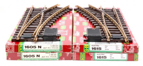 LGB two 1605 1615 Right Left Switches MINT OBs: LGB G scale two pairs of 1605 right and 1615 left electric switches in OBs, C10.