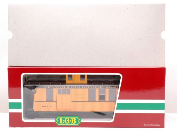 LGB Queen Mary 4175 D&RG Drovers Caboose MINT OB: LGB G scale Queen Mary Series 4175 Denver & Rio Grande Drovers caboose in OB with outer sleeve, C10.