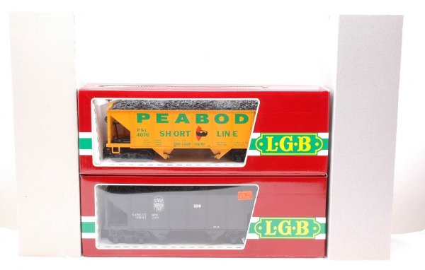 LGB 4076 EBT 4076X01 Peabody Hoppers MINT OB: LGB G scale 4076 East Broad Top hopper and 4076X01 Peabody hopper in OBs with outer sleeves, C10.