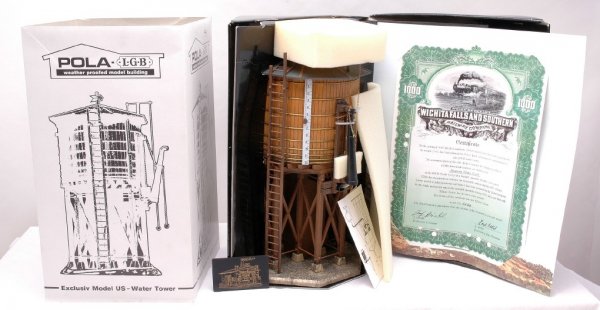 Pola/LGB 923-BU Assembled Water Tower MINT OB: Pola/LGB G scale 923-BU assembled water tower in OB with outer sleeve, factory new, C10.