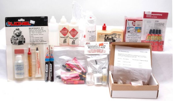 Various Maintenance/Lubricating Accessories: Various maintenance accessories; four tubes of Pritt, two LGB Maintenance oil tubes, 5001 oil maintenance, 50010 smoke and cleaning fluid in sealed OB, UHU ten tubes of Plast, four bottles of smoke fl
