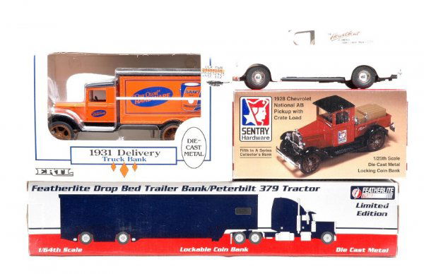 Ertl 1931 3408 Sentry 18001 Liberty 32616 Banks: Ertl 1931 Delivery truck bank, 3408 Chevy bank, Sentry Hardware 18001 1928 Chevrolet National AB pickup with crate load bank which is 1:25 scale and Liberty Classics Featherlite 32616 drop bed trailer