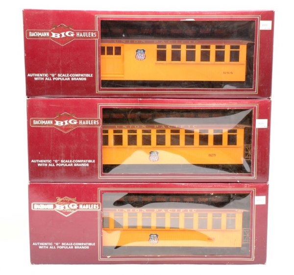 Bachmann three UP 97101 two 97301 MINT Boxed: Bachmann G scale three Union Pacific passenger cars; 97101 combine and two 97301 observations with lighted drumheads in worn OBs, C9.