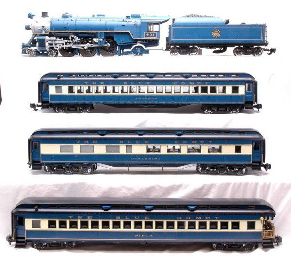 Aristo NJC Blue Comet Passenger Set MINT Boxed: Aristo Craft Trains G scale New Jersey Central Blue Comet passenger set including; ART-21404 Pacific 4-6-2 steam loco Art-21804 tender with sound, ART-31304 coach, ART-31504 diner and Art-31404 observ