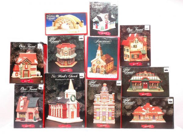 SantaÕs Best Spirit of America Buildings MIB: SantaÕs Best Spirit of America porcelain lighted buildings including; Poka JoeÕs diner, train station, Nelson Place, City Hall, St. MarkÕs church, St. JosephÕs church, Rexall, Beford Lodge, Randal