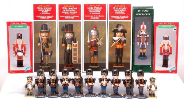 Poly Soldiers Holiday Living Wood Nutcrackers: Poly Stone Sculpture two toy soldiers, 14 inch wood nutcracker and Holiday Living four 15 inch wooden nutcrackers including; chimney sweeper, hunter, Don Quixote and musketeer factory new in OBs. Also