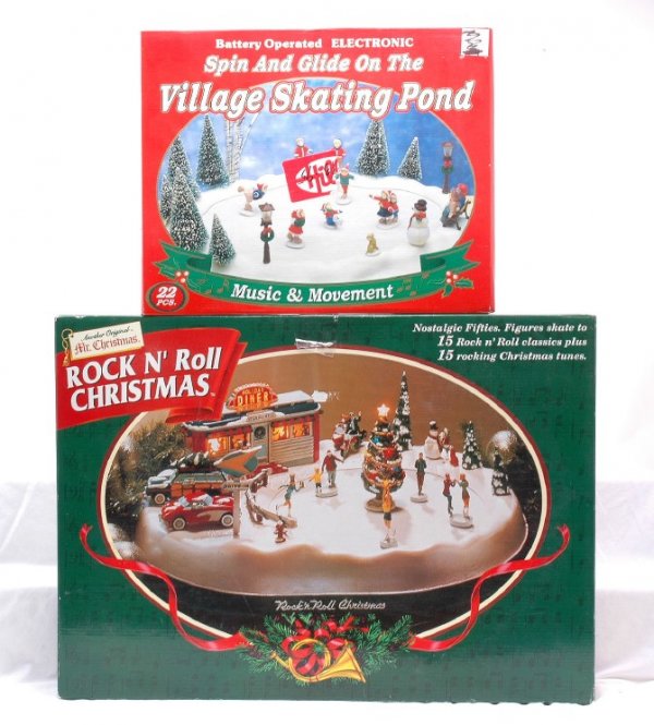 Mr. Christmas Ice Skating Rink Village Pond MINT: Mr. Christmas Rock NÕ Roll Christmas ice skating rink and an electronic spin and glide on the Village skating pond factory new in OBs.