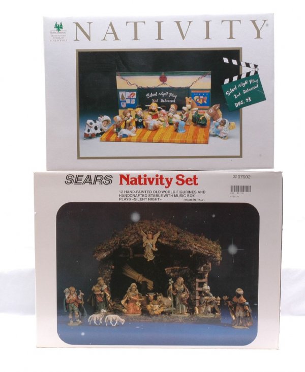 Sears and Holiday Expressions Nativity Sets MIB: Sears hand-painted Nativity set with twelve figurines and Holiday Expressions hand-painted Nativity ÒSilent Night Play 2nd Rehearsal factory new in original boxes.