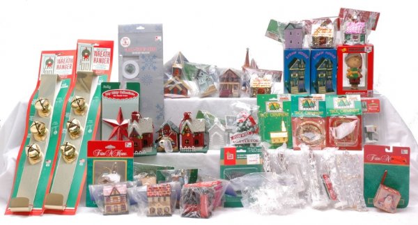 Large Assortment of Christmas Ornaments New: A large assortment of Christmas ornaments including; hand painted ceramic houses, handcrafted sequined Christmas ornaments, straw houses, plastic icicles and snowflake ornaments, tree topper and bell 