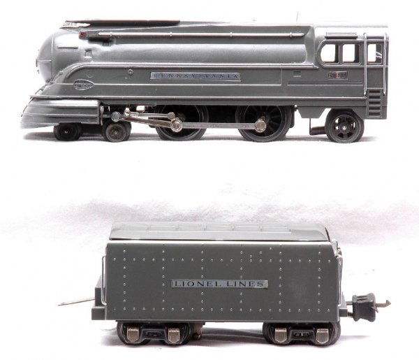 Lionel 238E Gunmetal Pennsy Loco 265 Tender: Lionel prewar O gauge 238E gunmetal Pennsylvania steam 4-4-2 torpedo type loco with 265W tender. The loco and tender are restored.