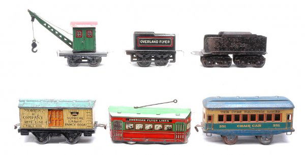 AF 1110 Boxcar Trolley 1180 25 Tenders 551 Crane: American Flyer prewar O gauge; 1110 lithographed Morris & Company Supreme Fancy Creamery Butter boxcar and American Flyer Lines lithographed Trolley, marked on each end Ò1933 A Century of ProgressÓ