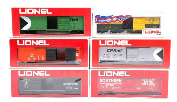 Lionel 9700 9701-B 9710 9713 9719 9730 MINT OBs: Lionel six boxcars including; 9700 Southern, 9701-B Baltimore & Ohio, 9710 Rutland, 9713 Canadian Pacific, 9719 New Haven and 9730 CP Rail in OBs, C10.