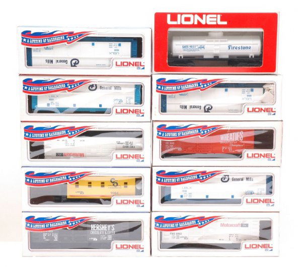 Lionel 9090 9041 9042 9040 9051 9064 MINT OBs: Lionel nine freight cars including; four 9090 General Mills boxcars, 9041 HersheyÕs boxcar, two 9042 Ford boxcars, 9040 Wheaties boxcar, 9051 Firestone tank car and 9064 Chesapeake & Ohio caboose in
