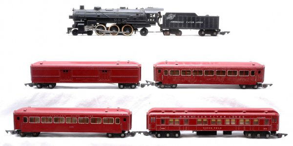 AF The Mountaineer Red Passenger Set no. 5322T: American Flyer S gauge The Mountaineer Steam red passenger set no. 5322T, circa 1953 containing; 282 Chicago & Northwestern 4-6-2 Pacific loco and tender, 651 baggage, 652 Pullman and two 655 coaches.