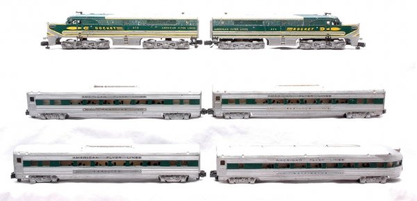 AF The Silver Rocket Passenger Set no. K5364W: American Flyer S gauge silver painted with green stripe The Silver Rocket diesel passenger set no. K5364W, circa 1954 containing; 474 and 475 Rocket PA/PB diesel set, 962 Hamilton vista domes and 963 