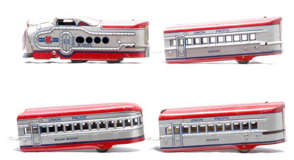 Marx Union Pacific Streamline Passenger M-10005: Marx Union Pacific streamline passenger set no. M-10005 including; electric loco, two Denver and one Squaw Bonnet passenger cars, C6.