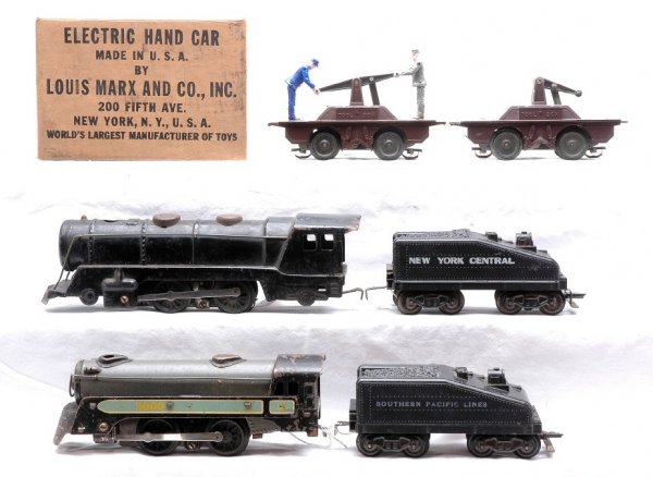Marx 2002 Hand Car 3000 Loco SP NYC Tenders: Marx no. 2002 Electric hand car in OB, C7 and a no. 2002 hand car which is incomplete. Also included is a black electric steam loco, 3000 steam loco, a slope back Southern Pacific tender and a slope b