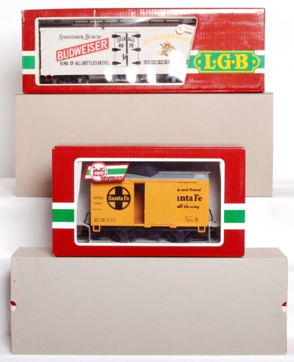 Four LGB freight cars in original boxes, US R.R.