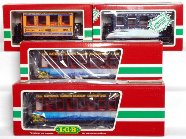 Four LGB G scale passenger cars in OB: Four LGB G scale passenger cars in original boxes, C8-10. 3013 SG 1835-1985 150 Jahre Deutsche Eisenbahnen coach, two 30808 14th National Garden Railway Convention, Bay Area GRS and 3007 AC 25th Anniv