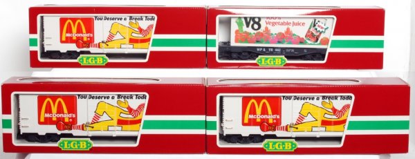 LGB G scale three 44910 McDonalds and 41850 V8: LGB G scale three 44910 McDonalds boxcars and 41850 V8 flatcar w/containers, C9-10.