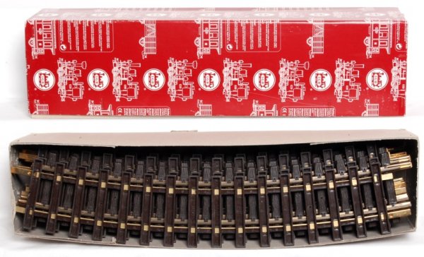 LGB 1600 and 16000 R3 curved track, 24 sections: LGB 1600 and 16000 R3 G scale curved track, 12 sections each box, c9-10. Boxes show light wear, price stickers.