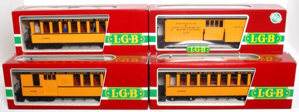 Four LGB G scale D&RGW passenger cars in OB: Four LGB G scale Denver & Rio Grande Western passenger cars in original boxes, should clean C8-9. Two 3080 coaches, 3081 combine and 3084 baggage.