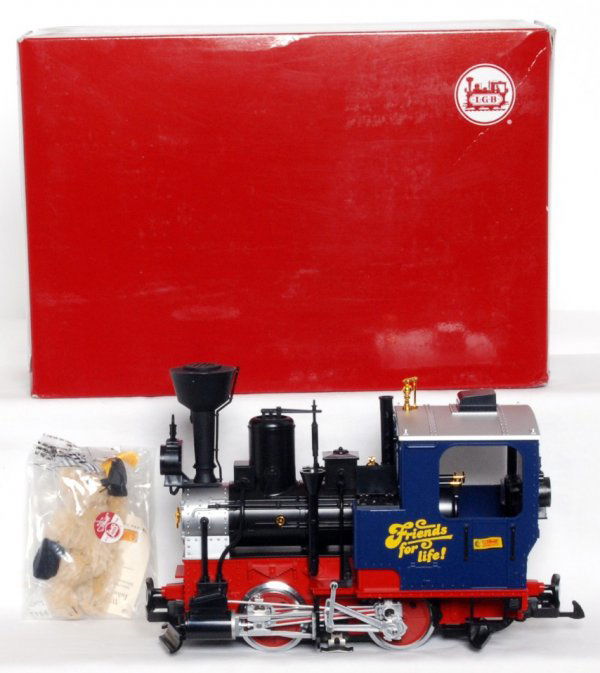LGB G scale 25211 Steiff Friends For Life in OB: LGB G scale 25211 Steiff Friends For Life stem loco in original box with bear in factory sealed bag, unrun C9-10. Box has a price sticker.
