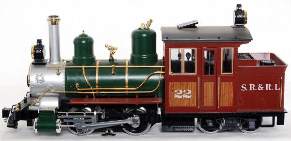 LGB G scale S.R. & R.L. 0-4-4T: LGB G scale Sandy River & Rangeley Lakes Baldwin 0-4-4T loco, trailing truck is missing coupler, otherwise train should clean test run C8-9.