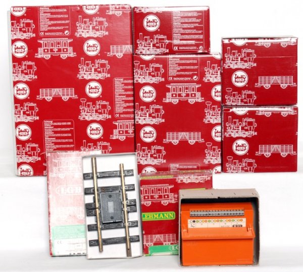 LGB G scale accessories in OB: LGB G scale accessories in original boxes, new and used, C7-10. 5075N stellpult, three 10310 bumpers, 50612 single layer piers, 1015U insulated track, 10003 30 cm (18 sections). Boxes show little to l