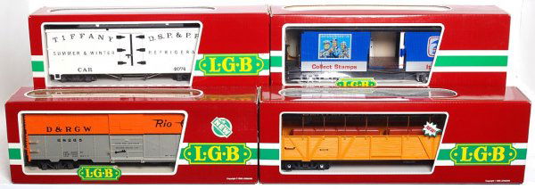 LGB G scale 30260, 31840, 4091, 4074-B 02 in OB: LGB G scale 30260 D&RGW sightseeing car, 31840 post office car, 4091 Denver and Rio Grande Western boxcar, 4074-B 02 Denver, South Park and Pacific Tiffany reefer in original boxes, C9-10. Some boxes