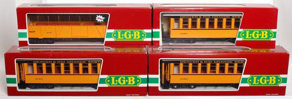 Four LGB G scale D&RGW passenger cars in OB: Four LGB G scale Denver & Rio Grande Western passenger cars in original boxes, C8-10. Two 3082 coaches, 3080 coach and 30260 sight seeing car. Boxes have price stickers.