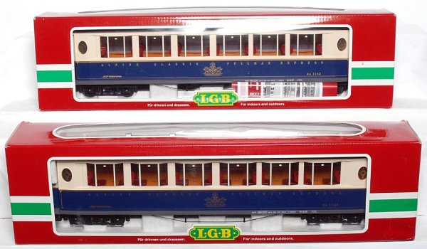 Two LGB 34650 RhB Alpine Classic passenger cars: Two LGB G scale 34650 RhB Alpine Classic passenger cars, No. AS1142 in original boxes, C8-10. Both boxes have a price sticker.
