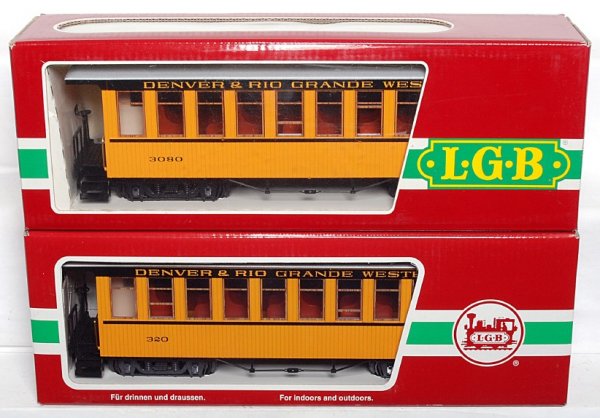 LGB 3080 and 30805 D&RGW passenger cars in OB: LGB G scale 3080 and 30805 D&RGW passenger cars in original boxes, C9-10. 30805 OB has a price sticker.