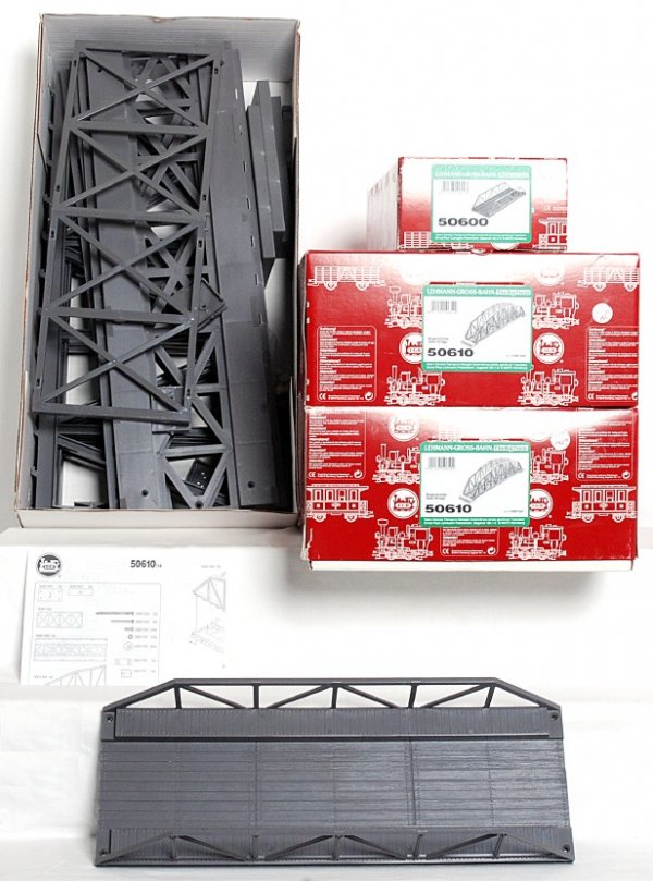 Three LGB G scale bridges in original boxes: Three LGB G scale bridges in original boxes, C9-10. 50600 and two 50610 L=1200mm. Boxes have price stickers.