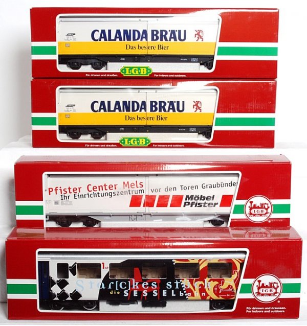 LGB G scale 40570, 46570, 38670, 40570 in OB : LGB G scale 40570 Calanda Brau sliding wall car, 46570 Pfister Center Mels sliding wall car, 38670 RhB Starckes Stuck passenger car, 40570 Calanda Brau sliding wall car in original boxes, C8-10. Boxes