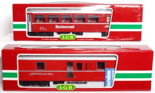 Two LGB G scale passenger cars, 30680 and 30690: Two LGB G scale passenger cars, 30680 RhB restaurant car and 30690 RhB combine in original boxes, C9-10. 30680 OB has light wear and a price sticker.