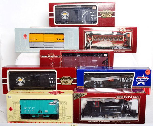 Bachmann Baldwin 2-4-2 loco & seven freight cars: Lot of G scale trains. Bachmann 81598 Coal Creek Lumber Co. Baldwin 2-4-2T loco, 93940 Christmas closed street car, 98270 unlettered hopper. USA Trains R-1419 N.C.&St.L. Dixie Line O/B boxcar. Two Del