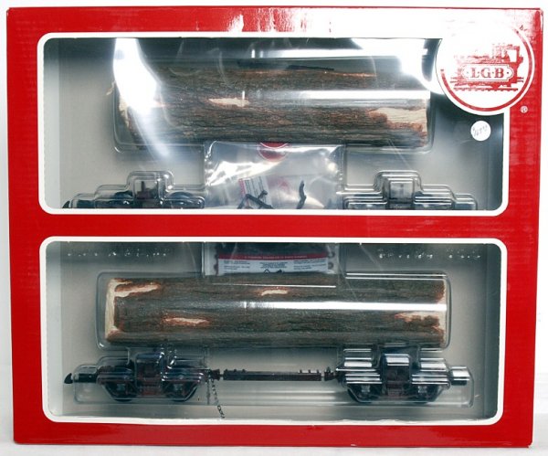 LGB G scale 45770 skeleton log cars in OB: LGB G scale 45770 skeleton log cars in original box, C9-10. Box has a price sticker.