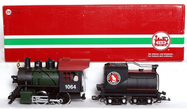 LGB 22232 G scale Great Northern 0-4-0 switcher: LGB 22232 G scale Great Northern 0-4-0 switcher and tender in original box, C9-10. Train features sound and operating smoke stack. Box has price sticker.