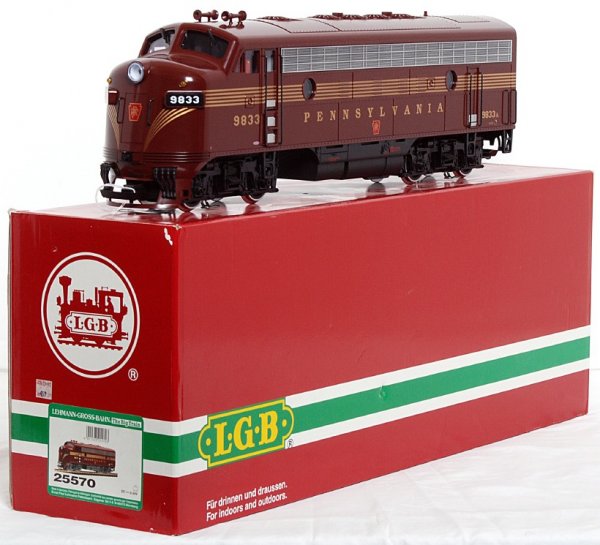 LGB G scale 25570 Pennsylvania F7 A unit in OB: LGB G scale 25570 Pennsylvania F7 A unit in original box, test run C9. Box has a price and an inventory sticker.