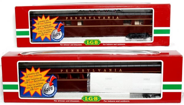 LGB G scale 32570 and 32580 PRR passenger cars: LGB G scale Pennsylvania passenger cars 32570 Pullman and 32580 vista dome car, in original boxes, C8-9.
