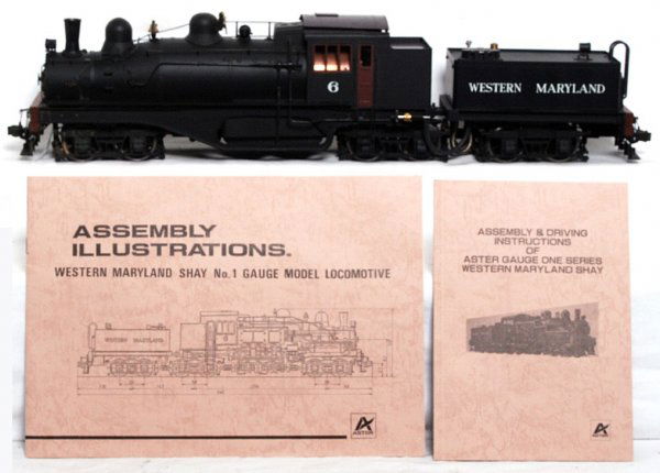 Aster gauge 1 live steam Western Maryland Shay: Magnificent Aster gauge 1 live steam Western Maryland Shay number 1, light shelf dust, unfired C9-10. Instructions and illustrations booklets included. Specifications:Weight: 6.4 kg (14.1 lbs) Dimensi